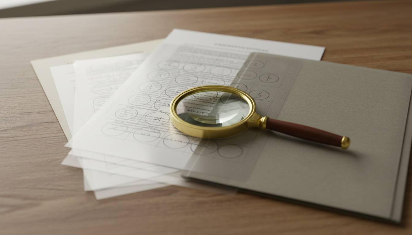 Transparent annotated sheets lie partly overlapping over legal documents and a medical folder, with a magnifying glass over a few divergent correction marks.