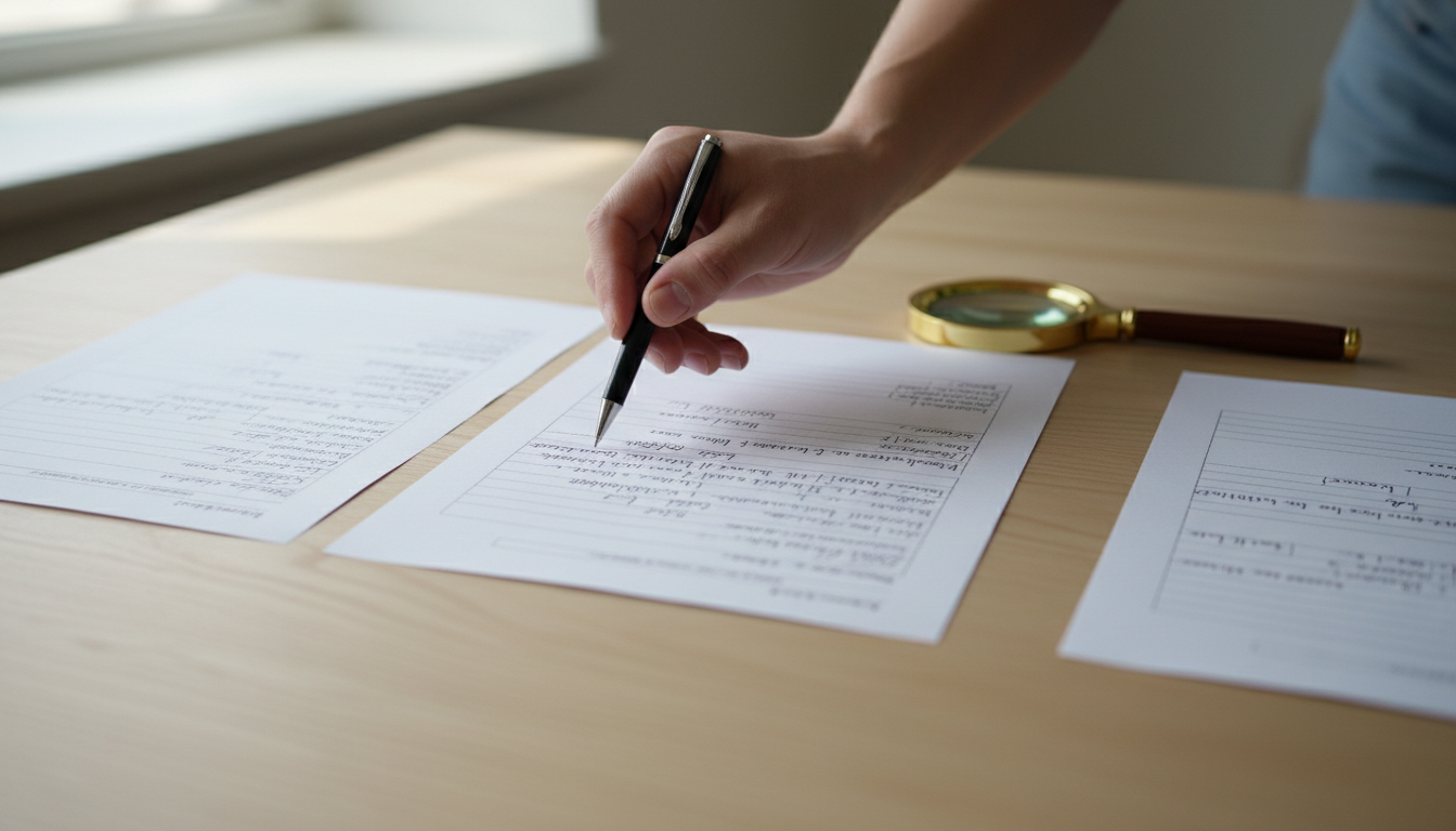Three paper reports with handwritten notes lie on a wooden desk; a hand with a pen compares two contradictory passages while a third report sits slightly apart.