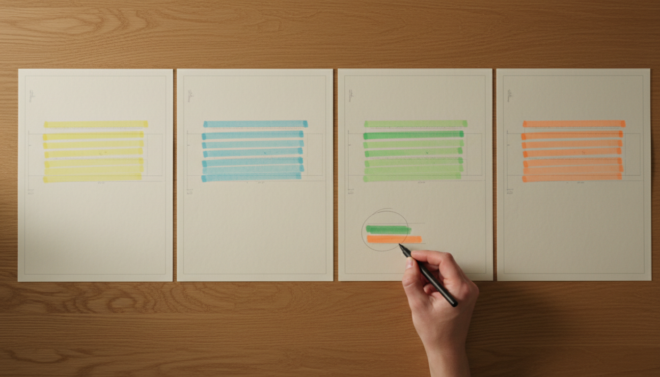 Overhead view of four printed versions of the same document side by side on a wooden table, with different colour highlights and pencil notes; a hand circles a diverging passage with a fineliner.