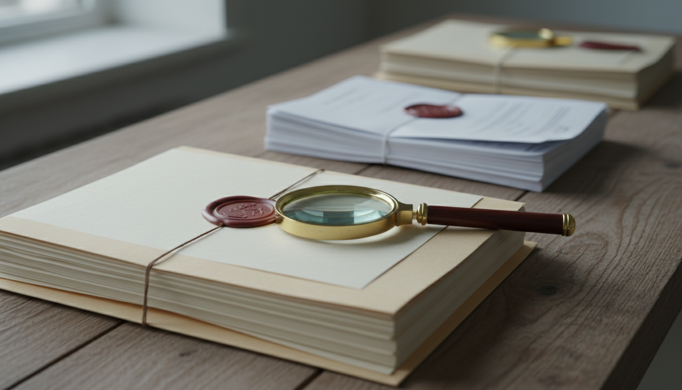 Een rij afzonderlijke stapels documenten op een houten tafel, elk met een eigen lakzegel en een vergrootglas naast de voorste stapel.