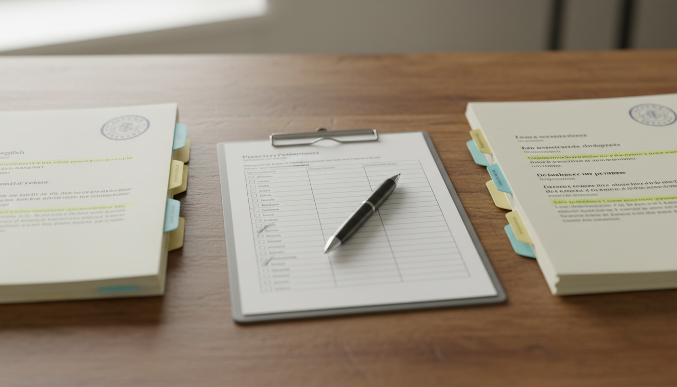 Top view of a desk with two stacks of identical printed privacy documents, English on the left and French and Dutch on the right, with a checklist and yellow highlights between them.