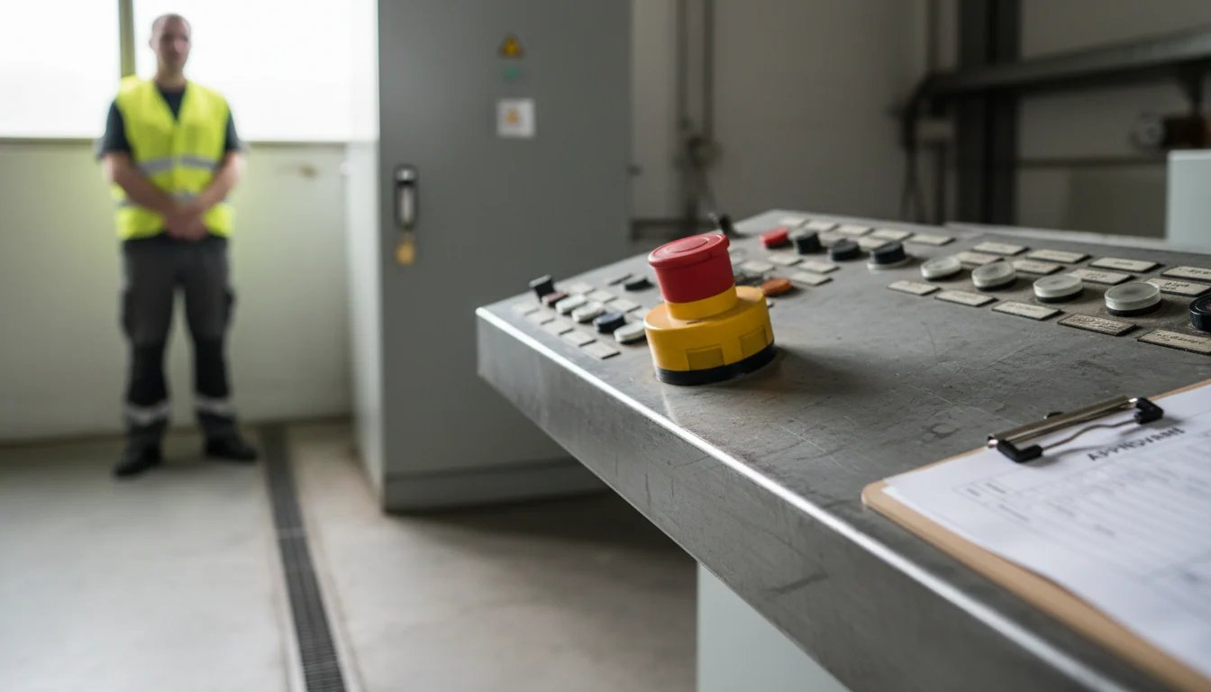 A large red emergency stop button on an operating console in the foreground, with a locked sealed metal enclosure and a blurred operator behind it.