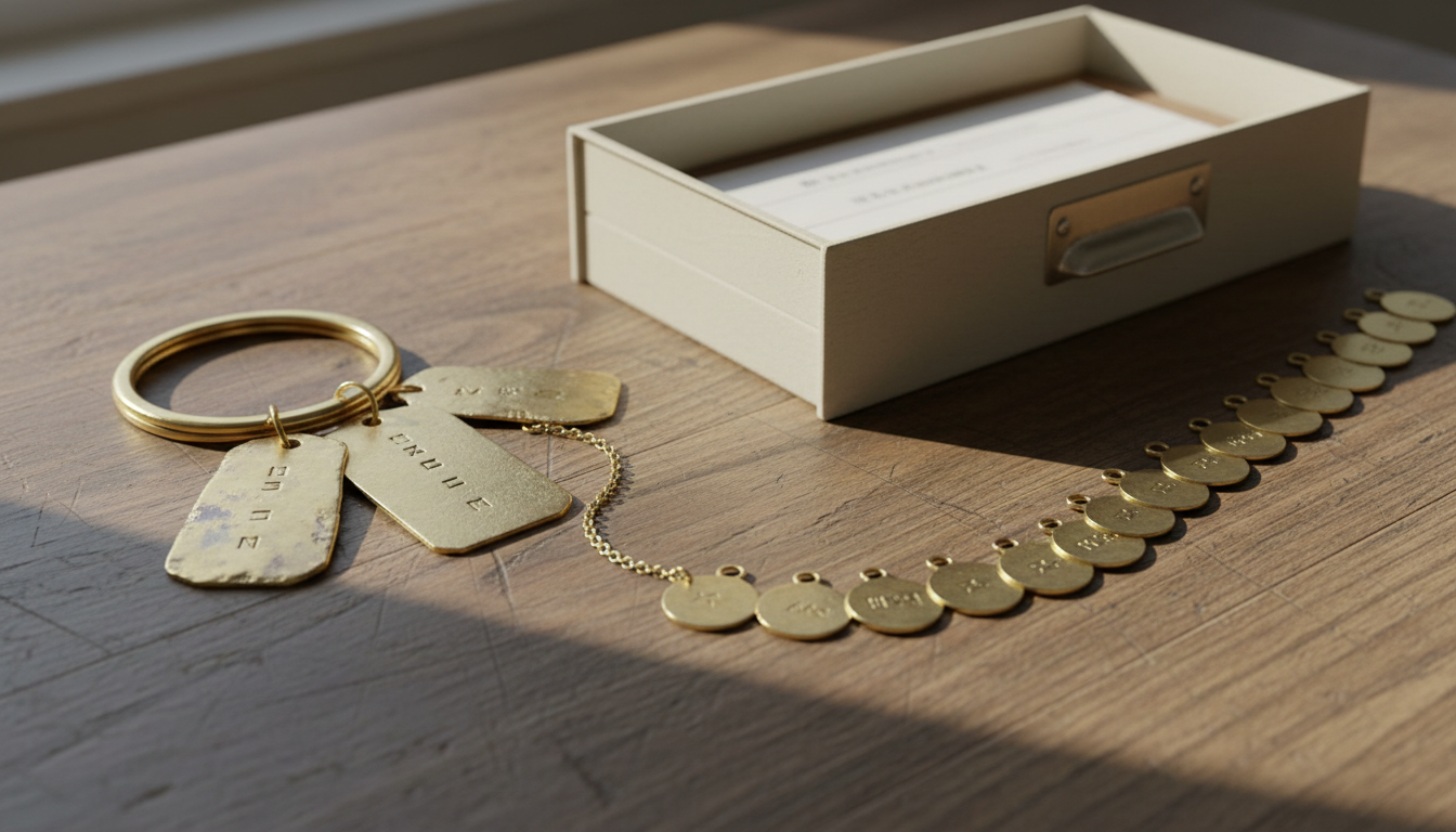 A large key ring with a few big brass name tags on the left, linked by a thin chain to a row of smaller identical brass tokens on the right, on a wooden table.