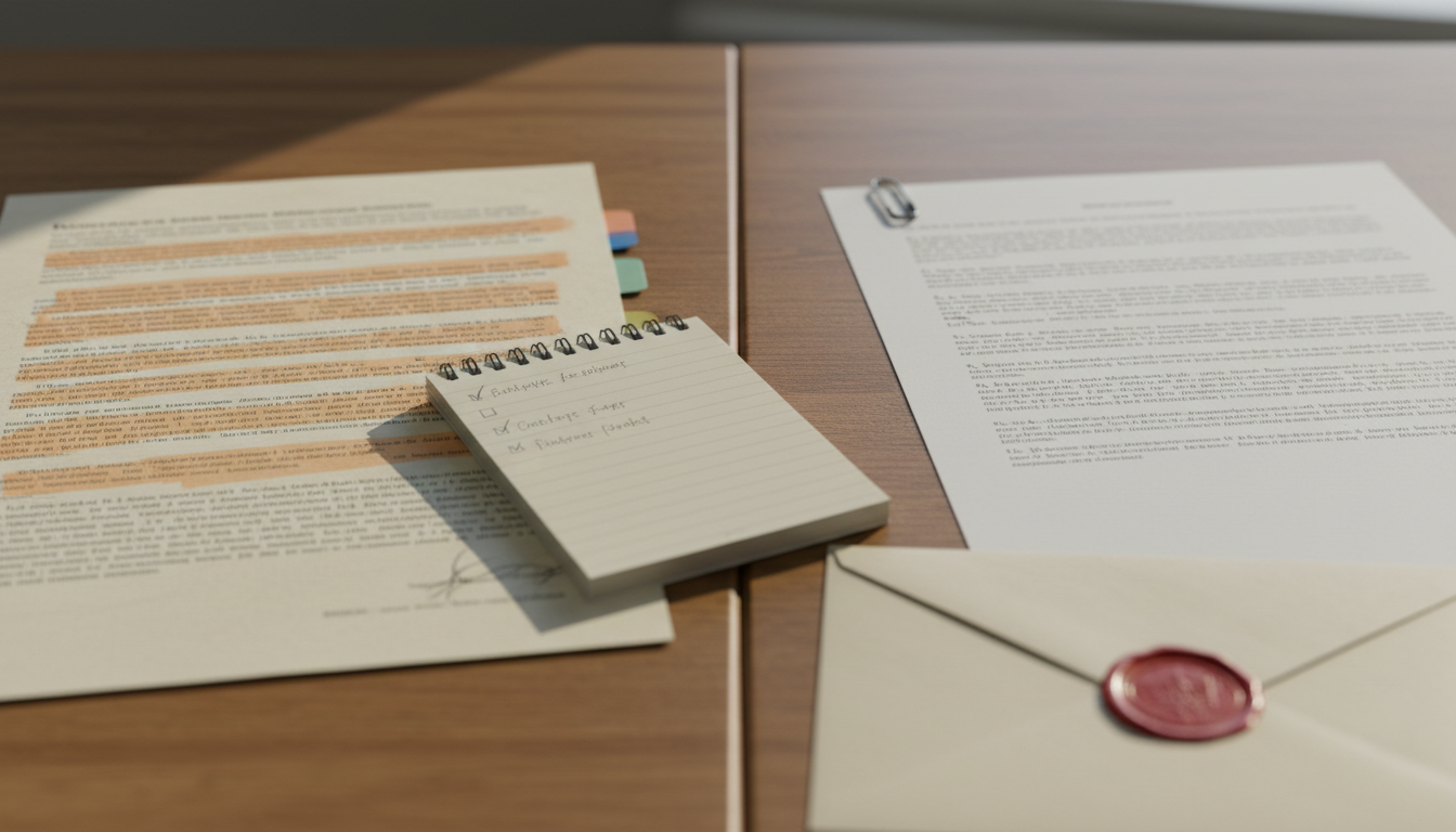 Twee papieren documenten naast elkaar op een houten bureau: links een gemarkeerd bronstuk met tabbladen, rechts een gegenereerd vel, met een aangevinkte checklist en een verzegelde envelop ertussen.
