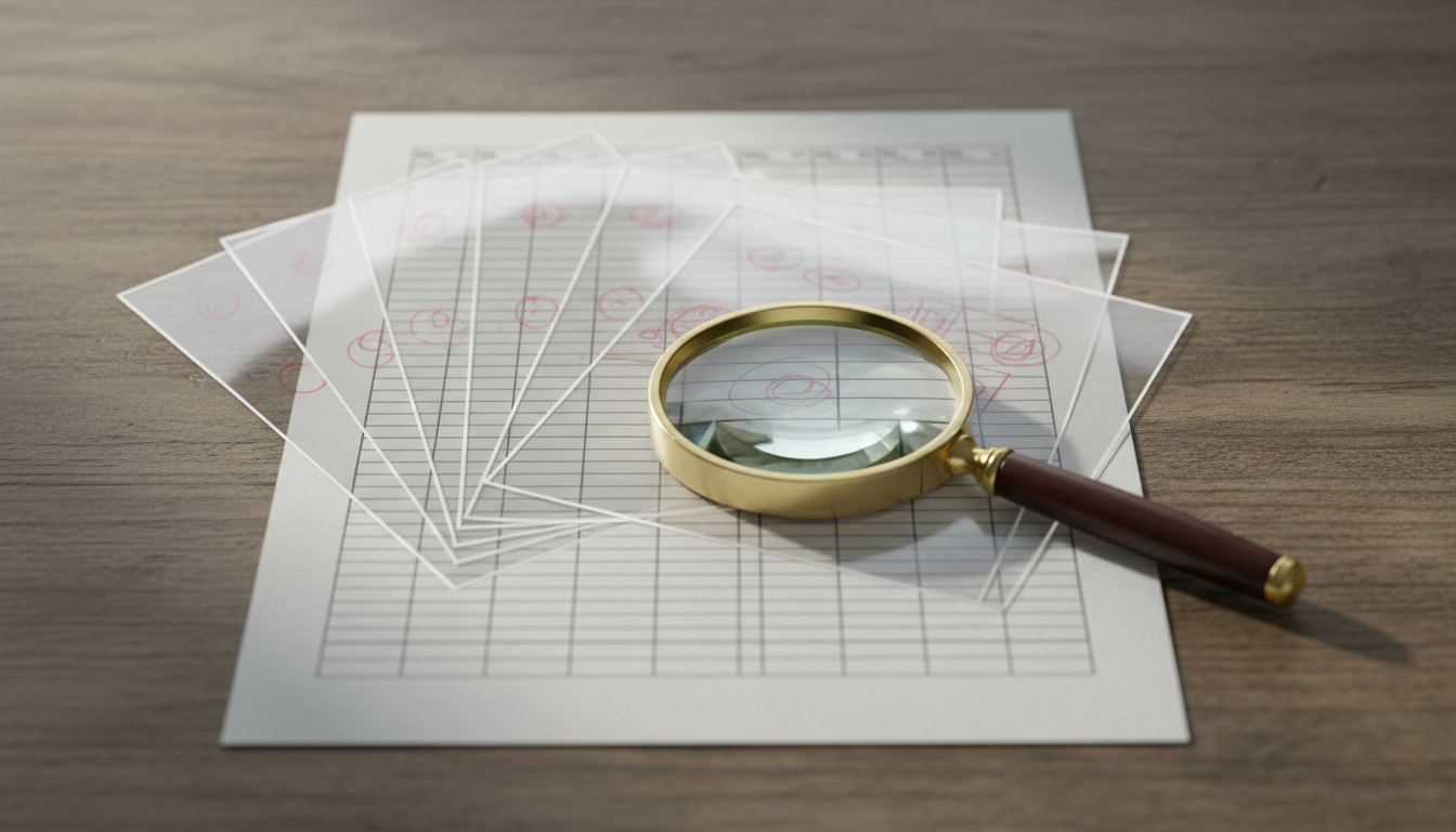 Overhead view of a printed table with stacked transparent inspection sheets bearing red pencil marks and a magnifying glass over one cell.