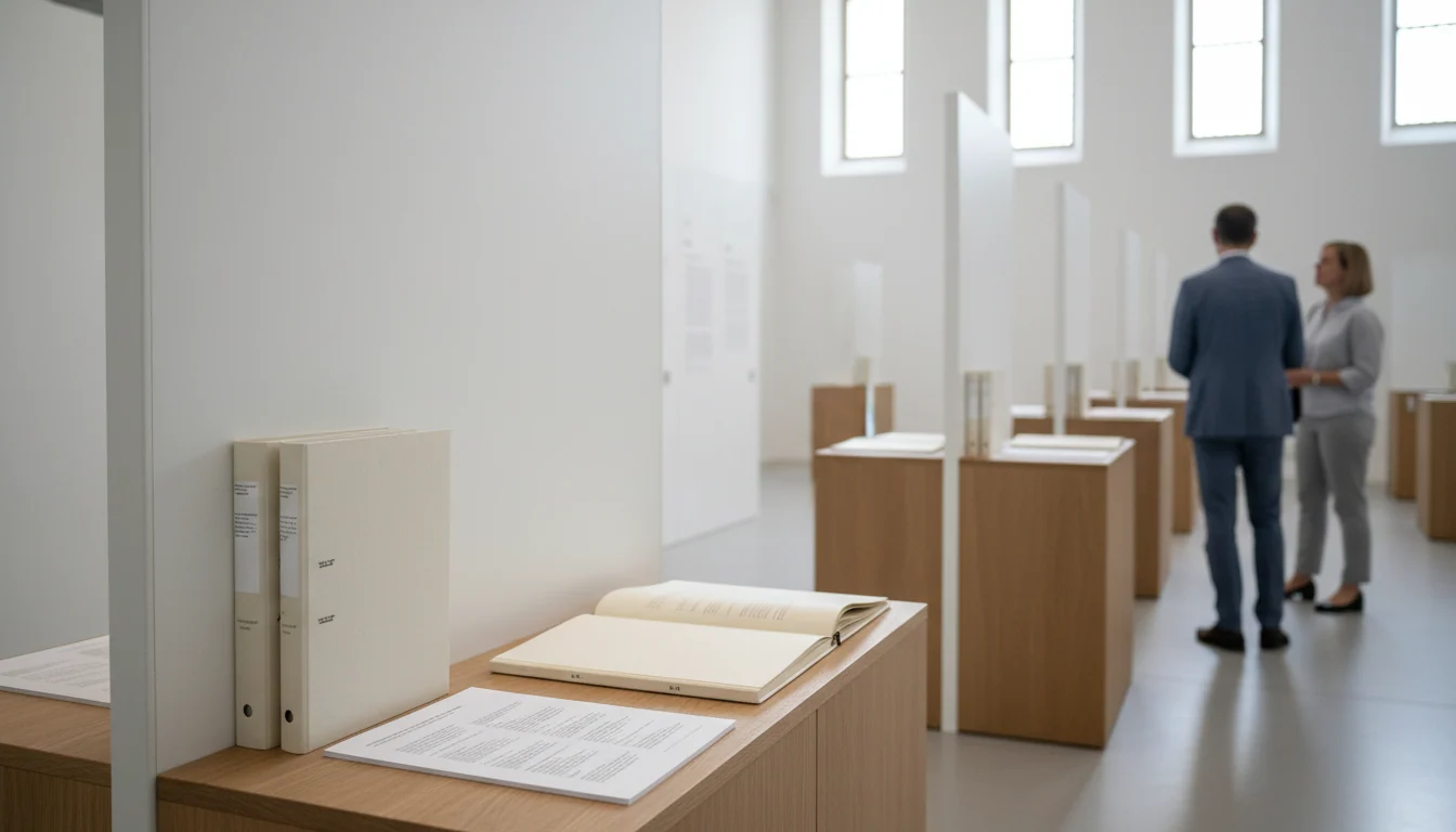 Bright exhibition hall with a row of free-standing information panels; bound dossiers and an open folder in the foreground, two well-dressed visitors study the panels.