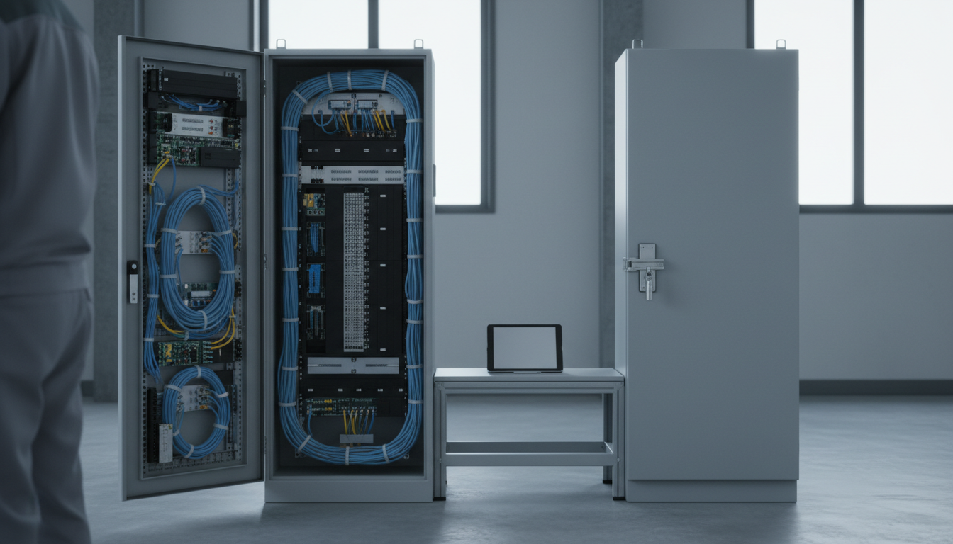 Two identical grey steel cabinets side by side, the left open exposing cables, the right closed with a small lock, and a tablet resting between them.