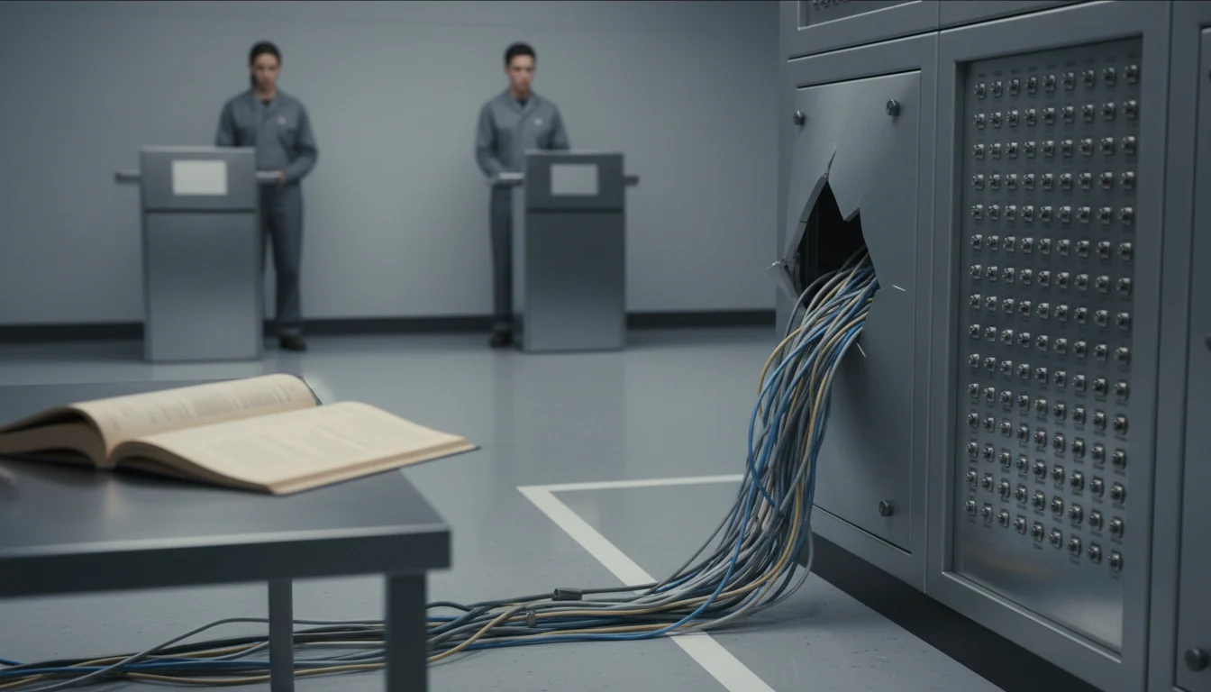 An opened grey test enclosure panel with cables running across a floor line into an adjacent connected field, while two people observe separately.