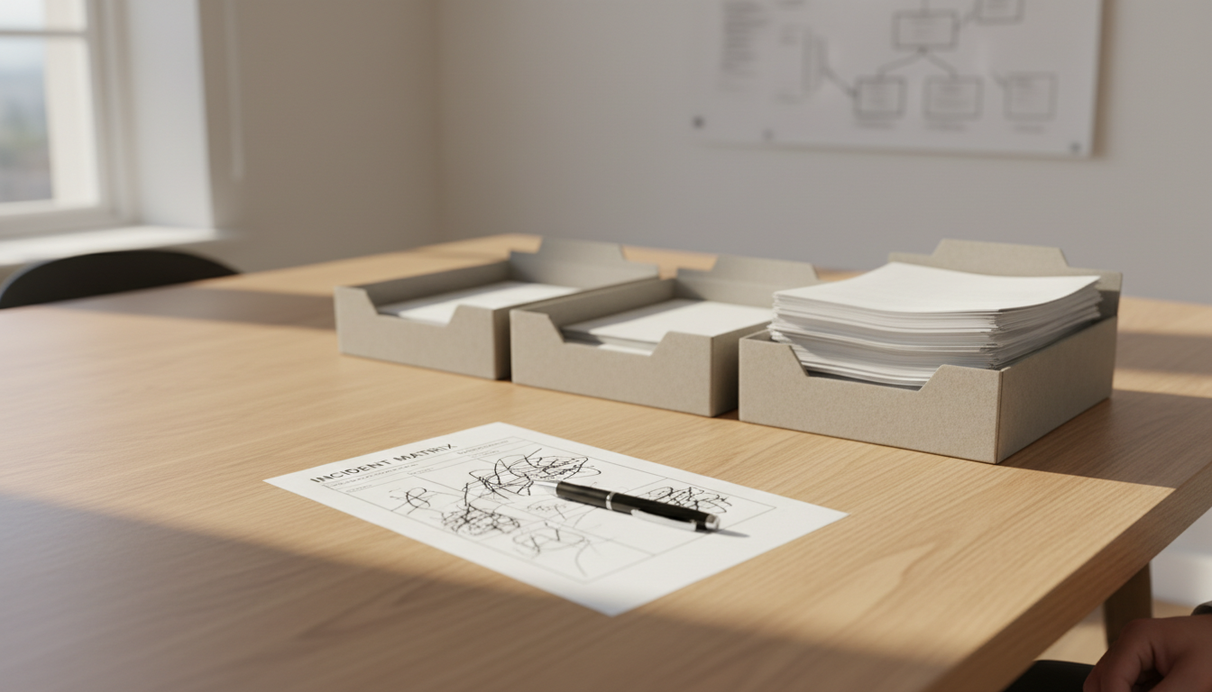 A printed three-column matrix lies on a wooden table beside three separated trays holding stacks of documents of differing thickness, in daylight.