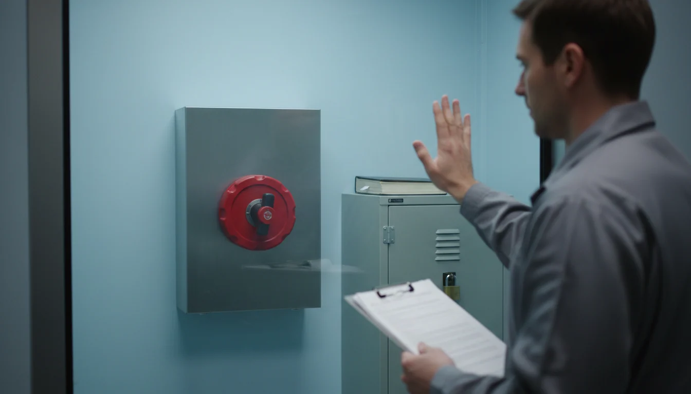 A red manual reset switch and a locked cabinet with a logbook behind a sealed glass wall, with a technician holding a clipboard outside.