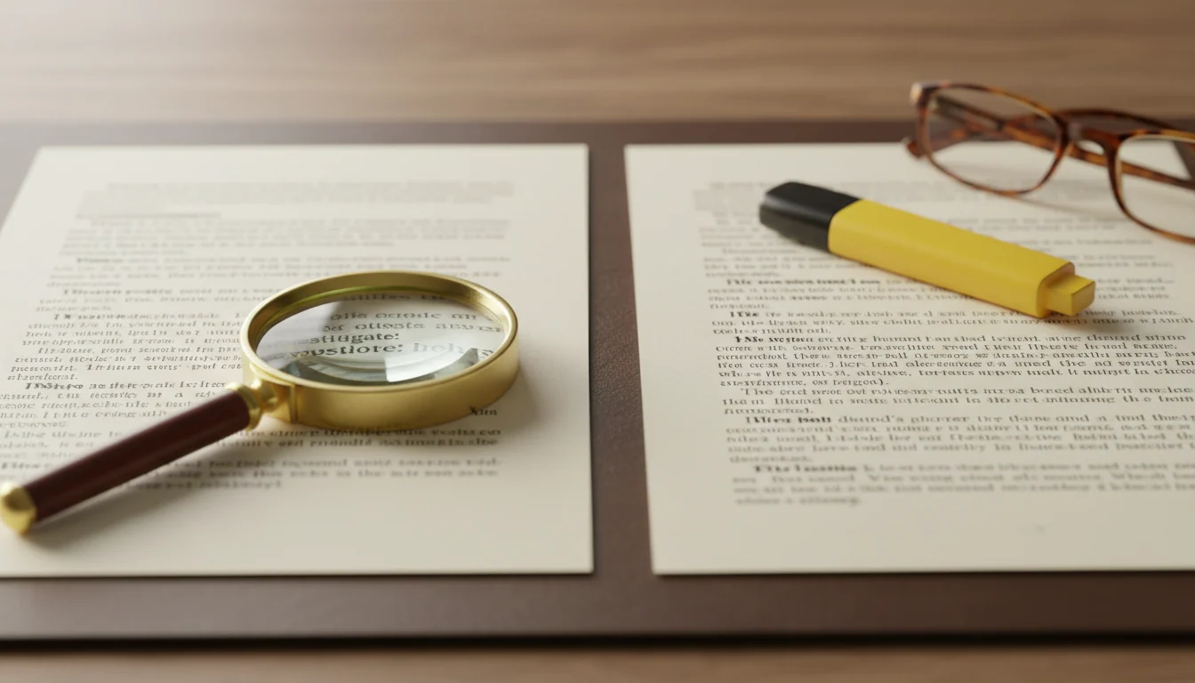 Two nearly identical printed text pages side by side on a wooden desk, with a magnifying glass, highlighter and reading glasses beside them.