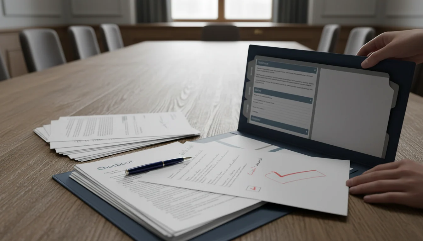 An annotated printed chatbot conversation with a fountain pen, being filed into a labelled case folder, with a formal meeting room blurred in the background.