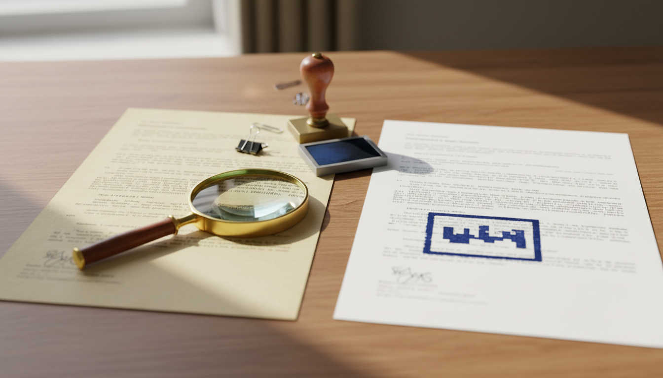 Two nearly identical statutory printouts side by side on a wooden desk: a yellowed sheet on the left, a fresh date-stamped sheet on the right, with a stamp and magnifying glass between them.