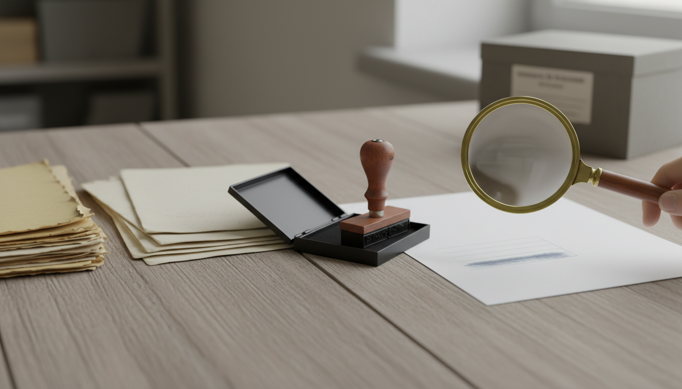 A row of documents on a wooden table, from yellowed dusty old paper to a fresh printout, with a date stamp and a magnifying glass.