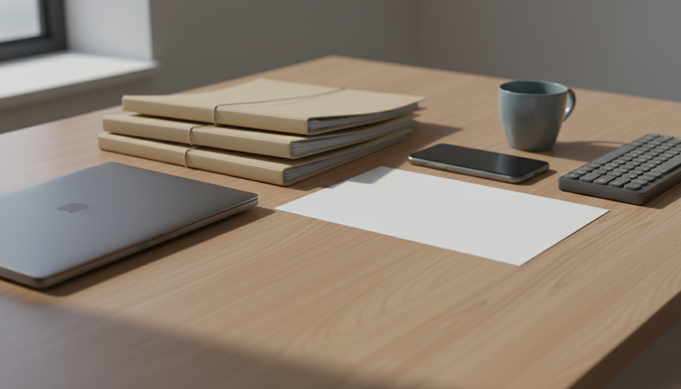 A daylit desk with a closed work laptop and folders on the left, a separate personal phone on the right, and a blank printed sheet and coffee cup between them.