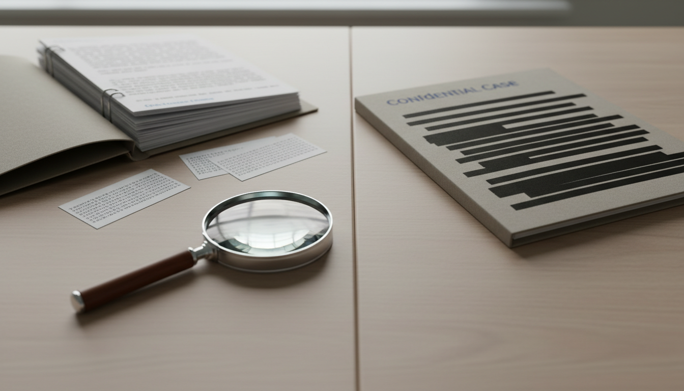 Desk with an open confidential file, paper cards covered in numbers and a magnifying glass, beside a heavily redacted, sealed copy of the same file.