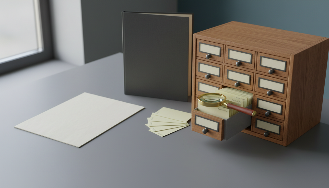 Still life of a single sheet of paper progressing into a tabbed ring binder and a wooden card catalogue with one open drawer, sticky notes and a magnifying glass.