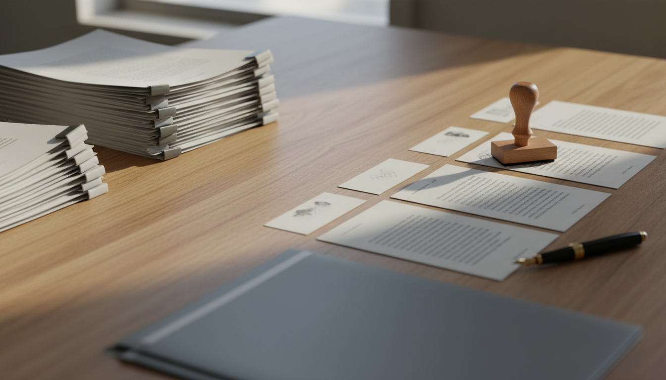 Bureau met links een geordende stapel geniete pagina's en rechts losse papierstrookjes naast bronpassages met een stempel, plus een mapje en pen.
