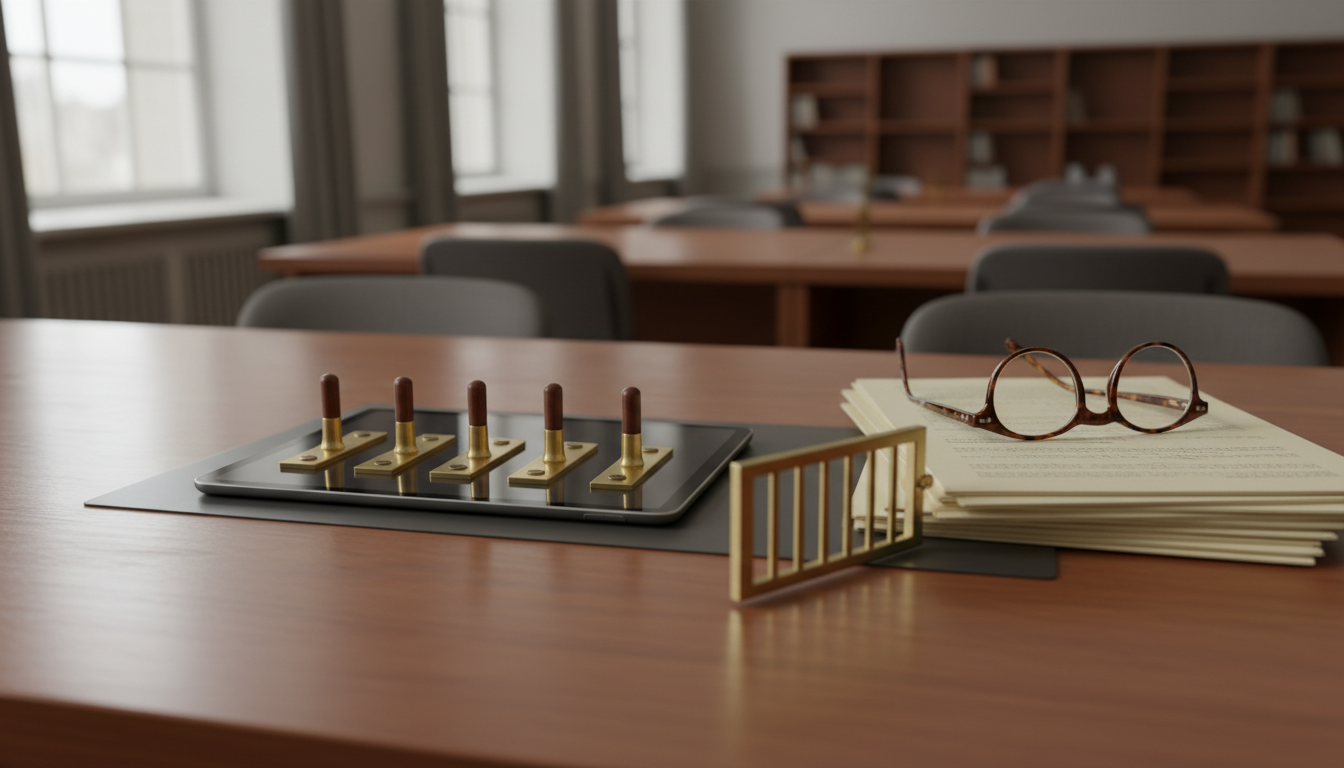 A tablet showing a row of separate physical switches on a wooden reading table, beside a stack of paper documents and a small, half-open brass gate.