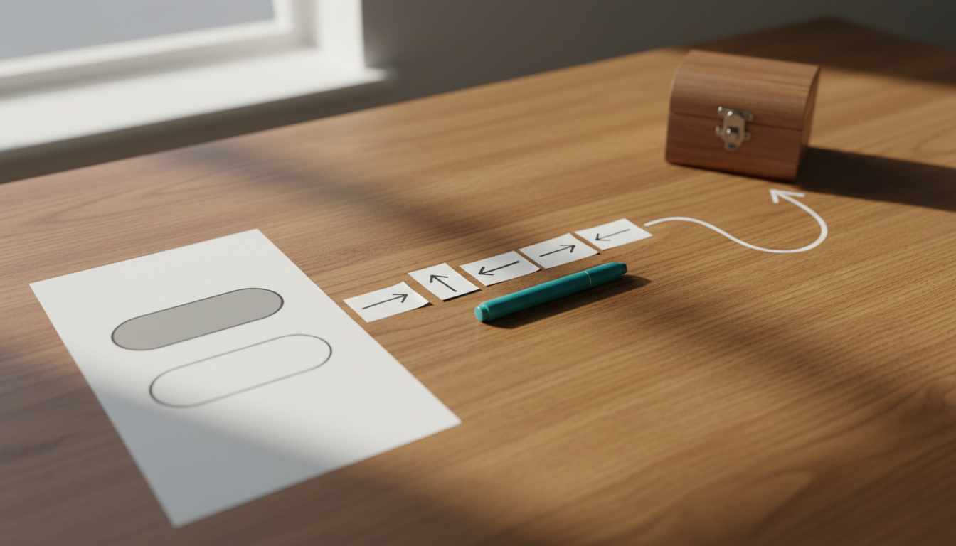 Desk in two zones: left, paper mock-ups with two equal buttons; centre, notes with arrows; right, a hand-drawn flow leading to a closed storage box.