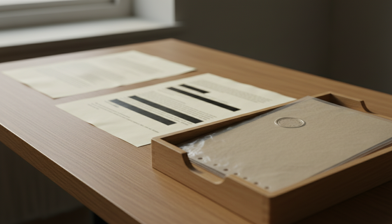 A desk showing three stages of a document: an original, a version with blacked-out passages, and a sealed transparent sleeve holding stamped paper in a wooden tray.