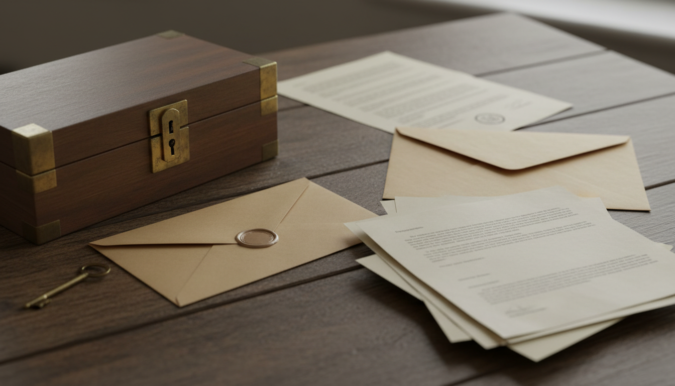 On a wooden table, a locked deed box with key and a sealed envelope lie on the left, while an open envelope with protruding legal papers lies on the right.