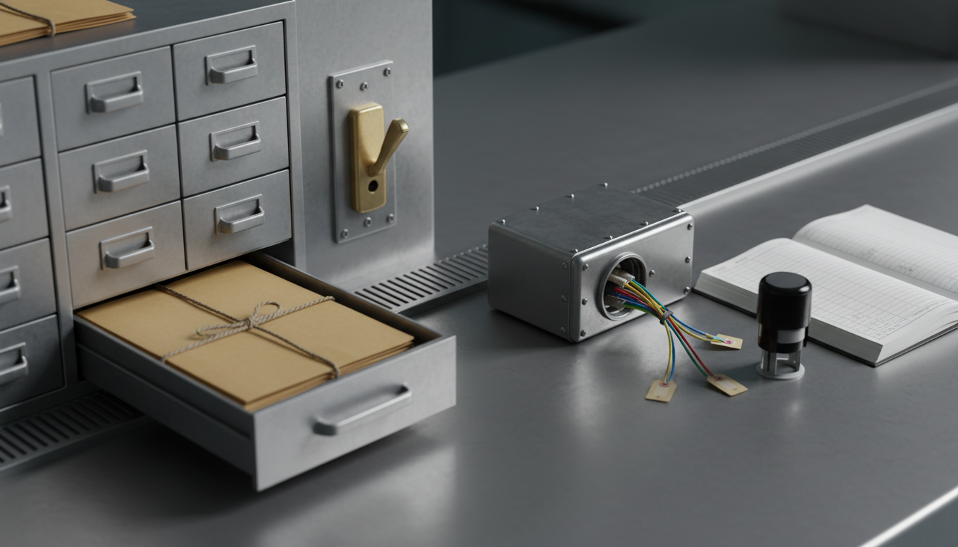 Metalen werktafel met links een afgesloten dossierkast met verzegelde map en rechts gelabelde kabels naar een vergrendelde aansluitkast, met een messing noodstophendel bij de scheidslijn.