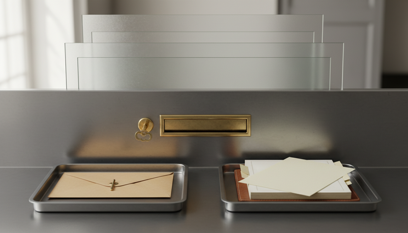 A steel table with two separated trays: a sealed document with a key in the lock on the left, an open ledger on the right, with stacked glass panels behind them.