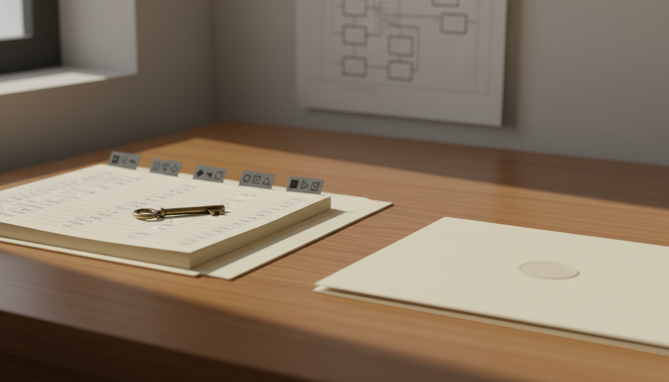 Een houten bureau met links een open map met een sleutel en genummerde codelabels en rechts een gesloten, verzegelde map zonder labels.