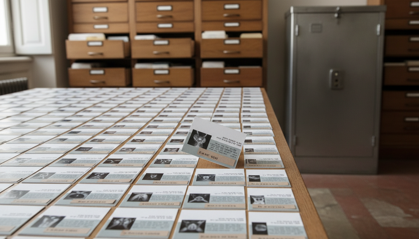 Geordende rijen medische beeldkaarten op een sorteertafel, met één scheve kaart met afwijkend metadatalabel tussen de nette kaarten en open archiefladen op de achtergrond.