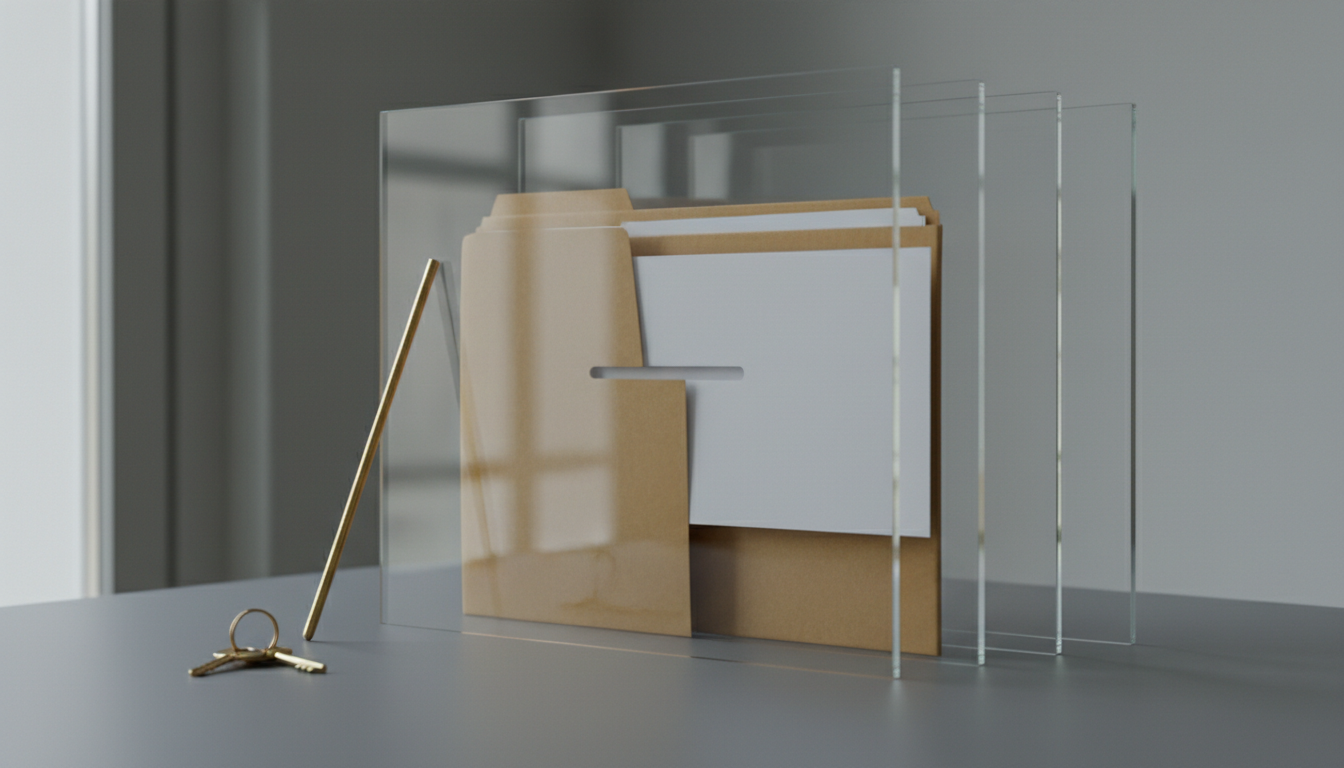 Three stacked transparent glass panels guard a sealed document folder, with a slot feeding one sheet through and a brass probe resting against the outer panel.
