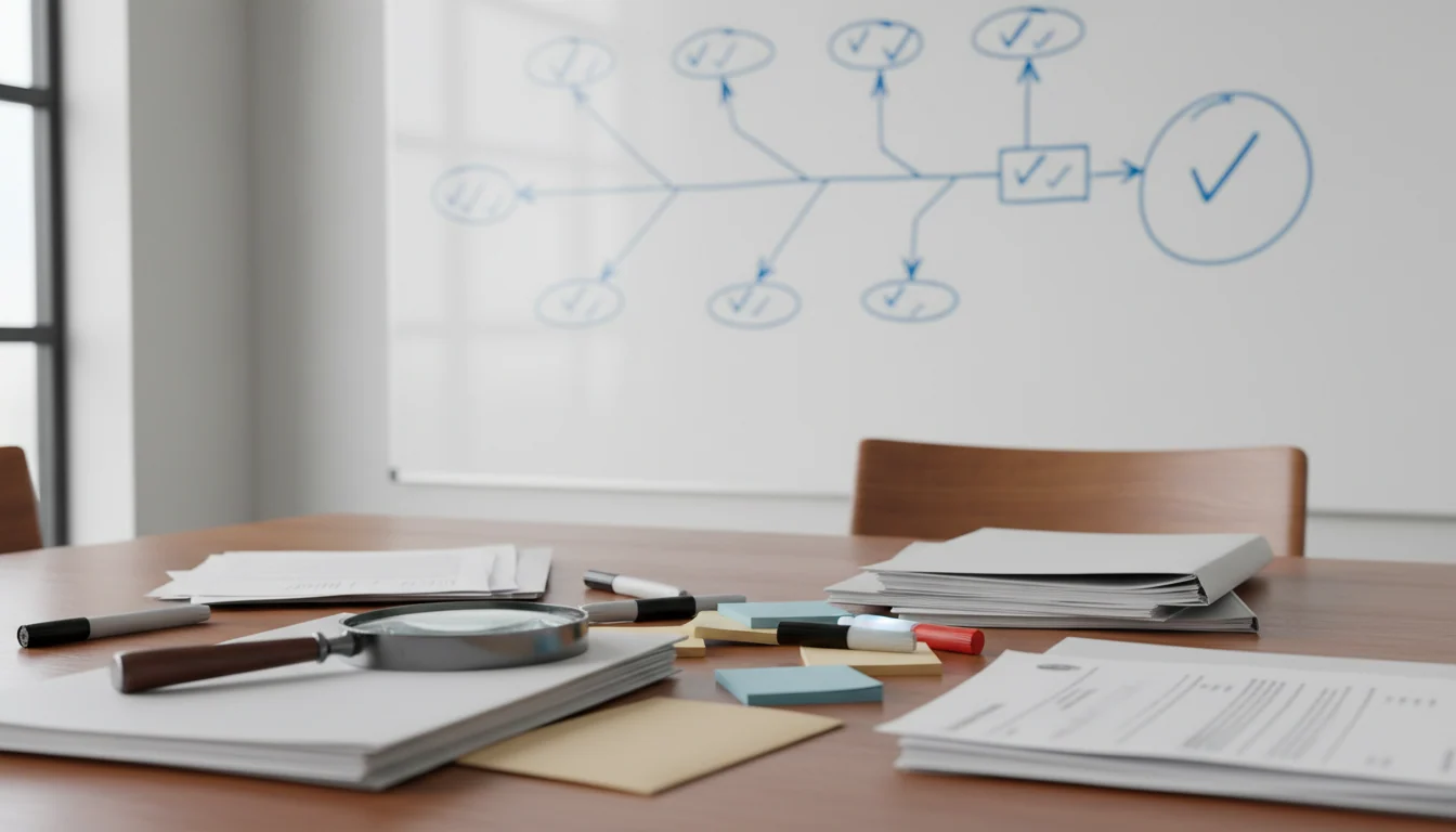 Vergadertafel met uitgespreide documenten, een vergrootglas en memobriefjes, met op de achtergrond een whiteboard met een vertakte stroomtekening van pijlen en knopen.