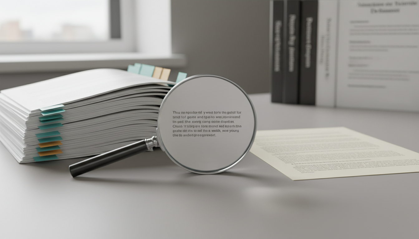 Een dik opengeslagen dossier met gekleurde tabbladen naast een dun samenvattingsvel, met een vergrootglas over één gemarkeerde alinea.