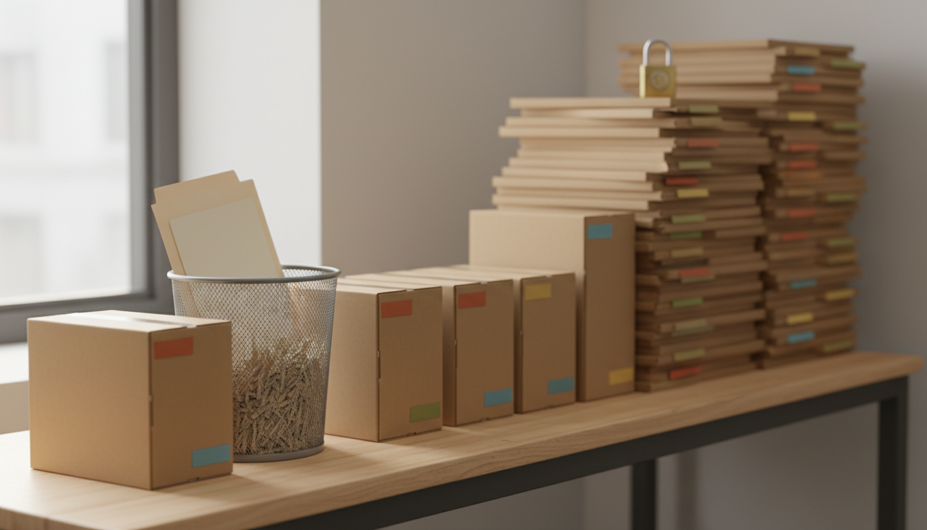 Een rij gelabelde archiefdozen loopt op van een lage stapel naar een hoge stapel, met aan het korte eind een versnipperbak vol papierstroken.