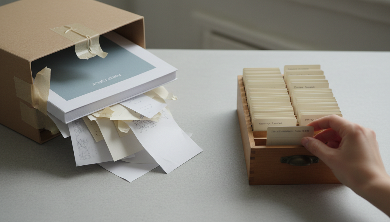 Een verzegelde archiefdoos met beleidsdocument links, rechts een kaartenbak waaruit een hand één kaart trekt en een lege plek achterlaat.