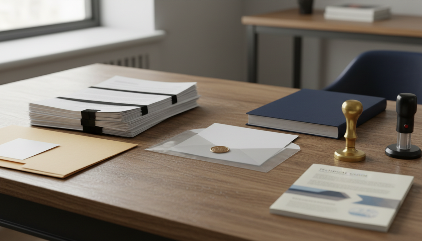 Bureau met links geanonimiseerde documenten, in het midden een verzegelde doorschijnende envelop en rechts een gesloten dossier met stempel en notarieel zegel.