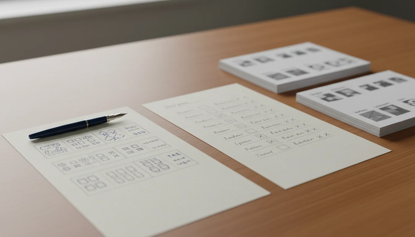 Two sheets of paper side by side on a desk: left a handwritten design plan with tables, right a sheet with ticked and crossed-out outcomes.