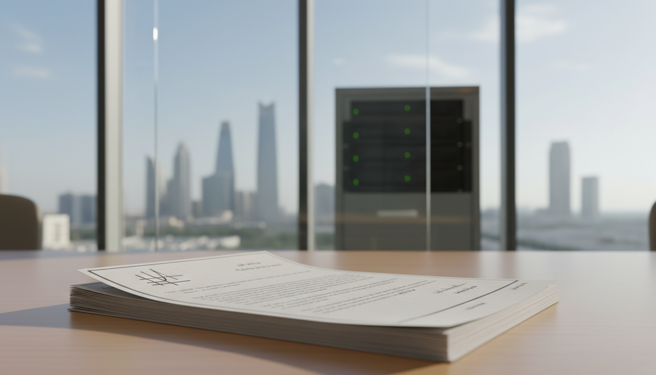 A bilingual Arabic-English contract file in sharp focus on a table, with a data storage cabinet and the Riyadh skyline behind a glass wall in daylight.