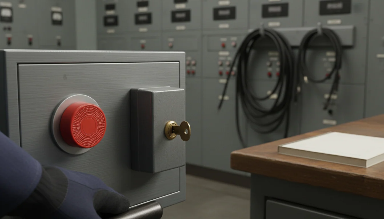 Een rode noodstopschakelaar op een stalen paneel en een sleutel in het slot van een verzegelde metalen kast, met vervaagde gestapelde bedieningspanelen op de achtergrond.