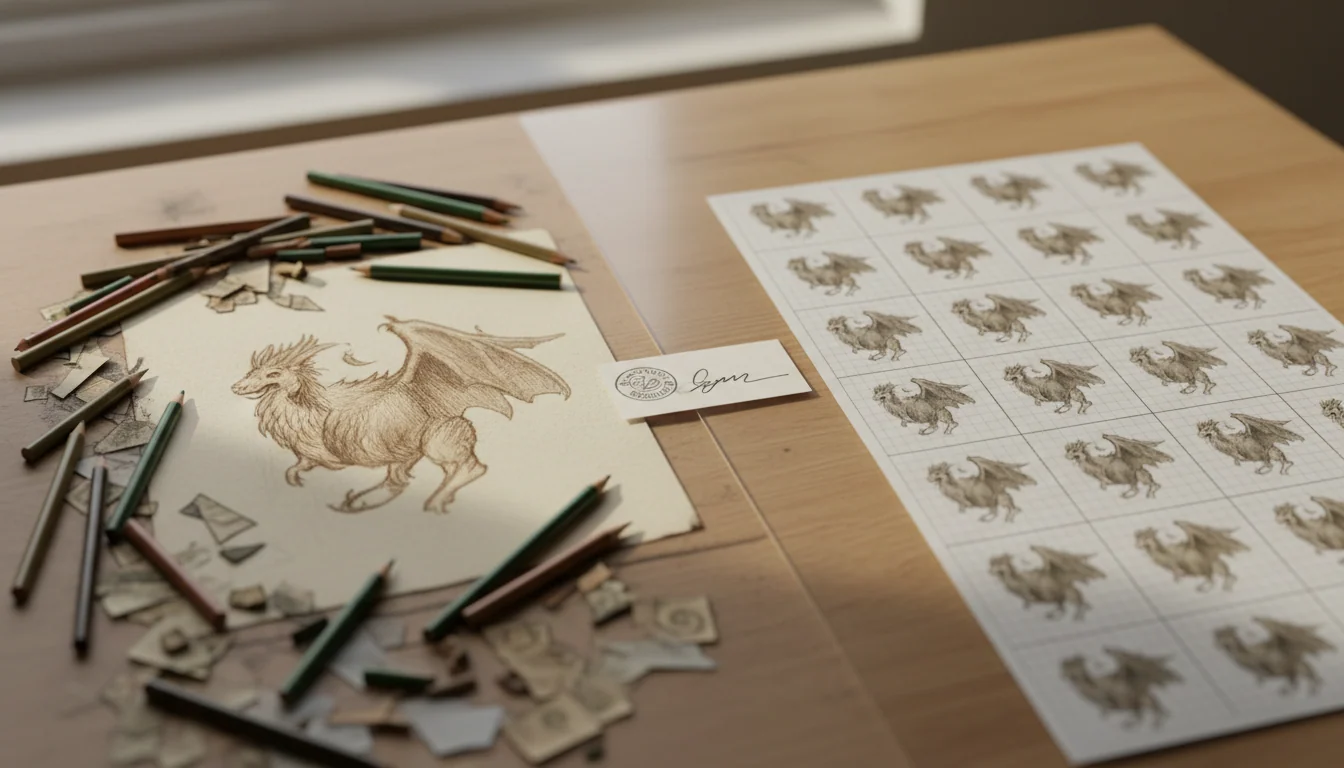 A wooden work table with a hand-drawn pencil sketch of a fantasy creature among pencils on the left and a sheet of near-identical repeated copies on the right.