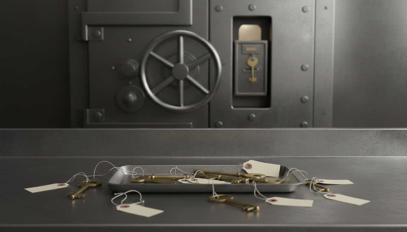 Loose brass keys in an open tray in the foreground, separated by a metal threshold from a closed steel vault door holding a single key behind it.