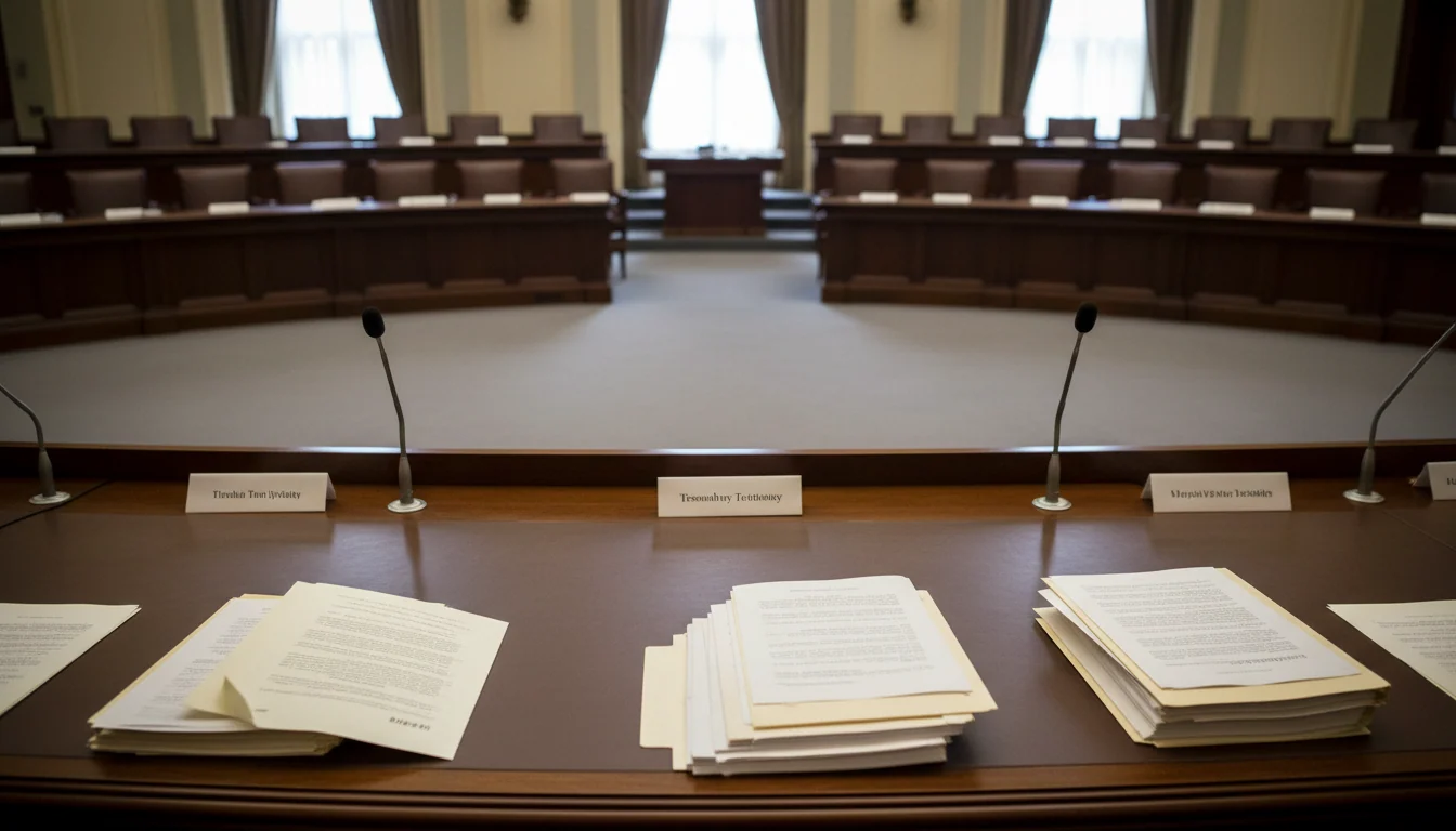 Bijna lege Senaatscommissiezaal met een houten getuigentafel met microfoons en gestapelde papieren, tegenover lege, verhoogde senatorzetels bij hoge ramen.