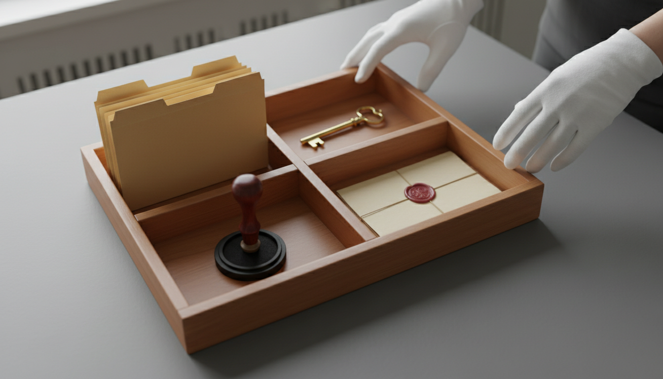 Een houten vakkenbak met gescheiden compartimenten, elk met één object: mappen, een sleutel, een stempel en een verzegeld vel, gehandschoende handen op de achtergrond.