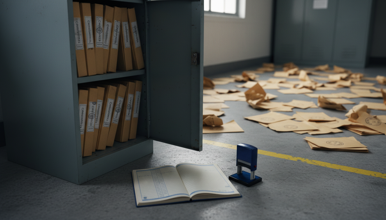 Archive room split by a threshold line: ordered confidential files in a locked cabinet with an inventory ledger on one side, scattered loose papers on the other.