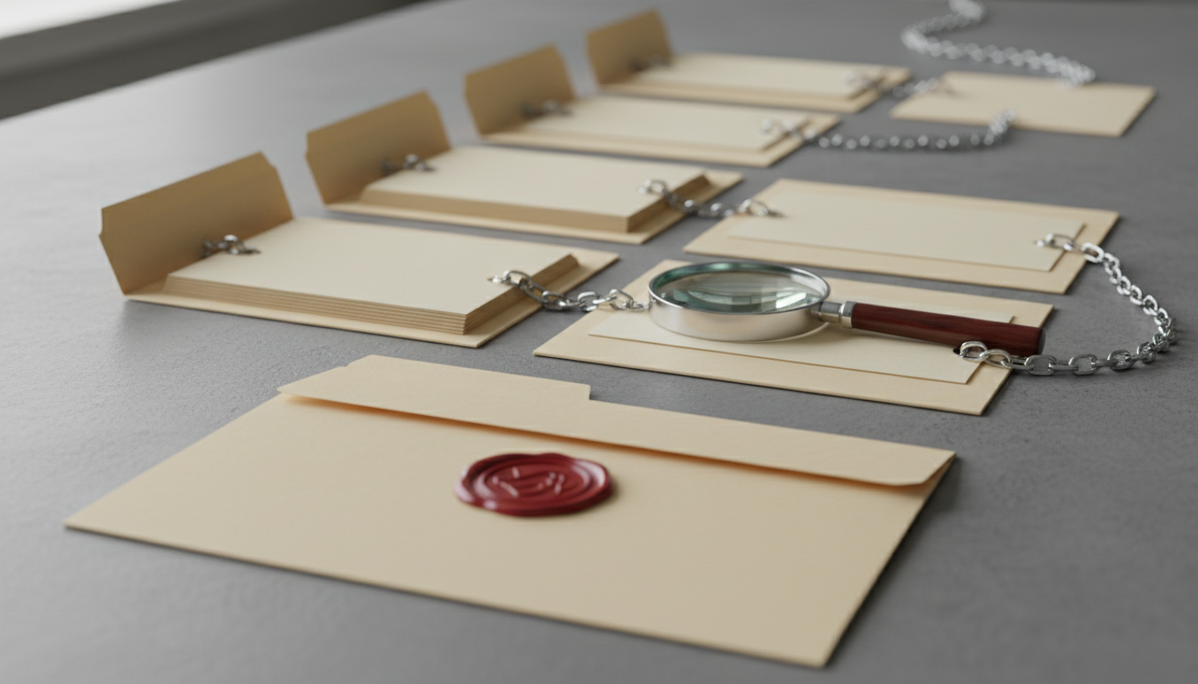 A closed folder with a red wax seal in front, with a receding row of opened folders and index cards linked by steel chain, plus a magnifying glass.