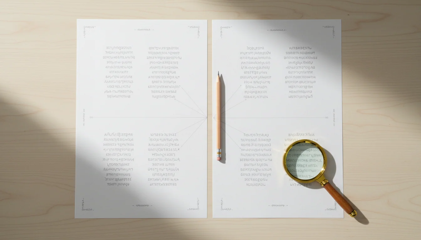 Bovenaanzicht van een bureau met twee vellen papier naast elkaar met gespiegelde tekstblokken, verbonden door potloodlijnen en apart voorziene potloodmarkeringen.