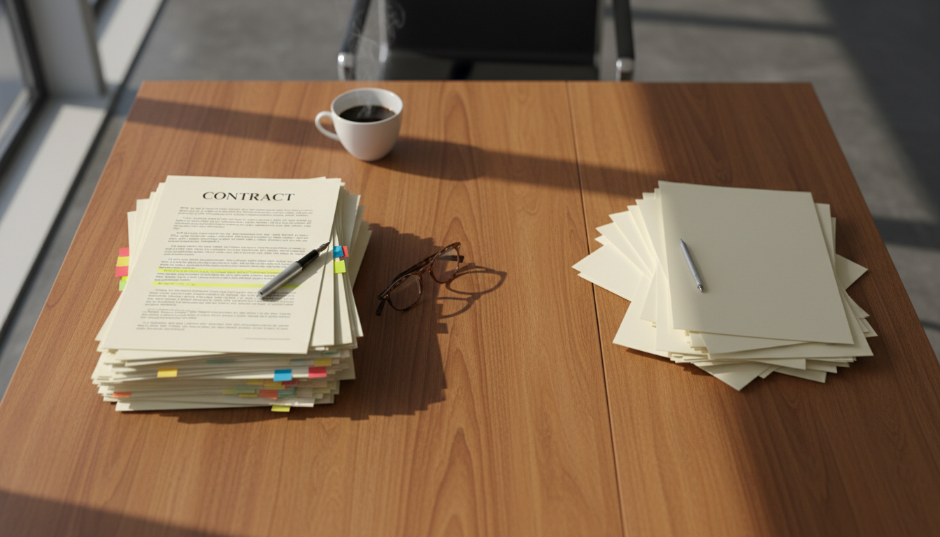 Top-down view of a wooden desk with a neat stack of highlighted, tabbed contracts and a pen on the left and a loose, unmarked pile of pages on the right.