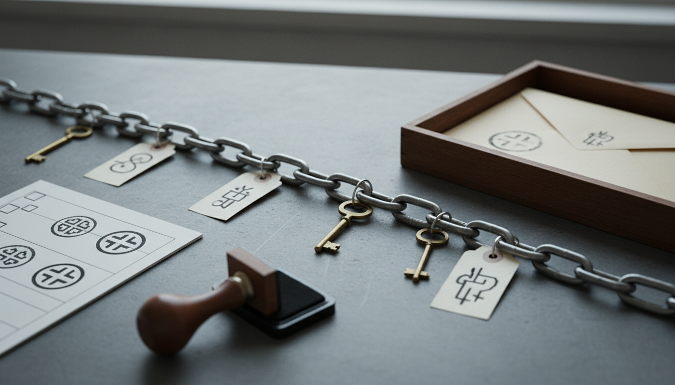 Een ketting met schakels waar losse messing sleutels met labels doorheen hangen, naast een afgestempelde checklist en een verzegelde envelop in een houten bakje.
