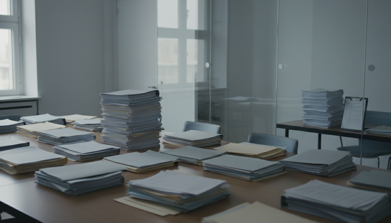 Large conference table covered with stacked paper documents, with a glass side room to the right holding the same documents, a clipboard checklist and an empty chair.