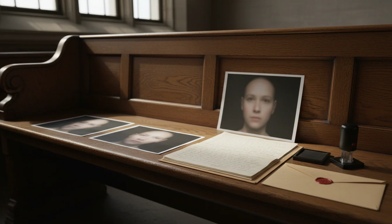 Two nearly identical printed video frames of the same face lie side by side on a courtroom bench, the left one bare and the right one on a stack of notes beside a sealed evidence envelope.